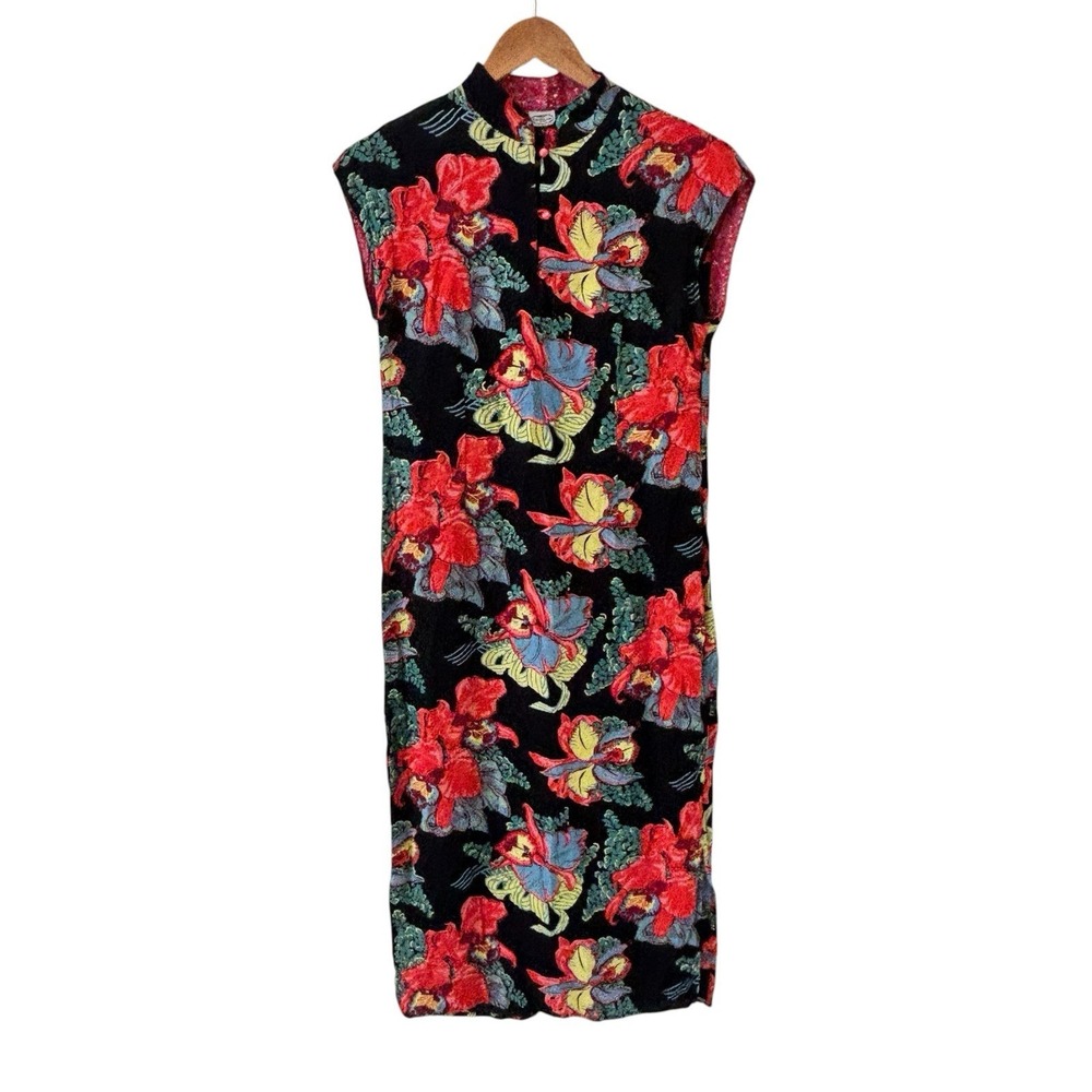 Vintage 90s Camellia PR Midi Dress S Rayon Floral Asian Mandarin Collar Retro